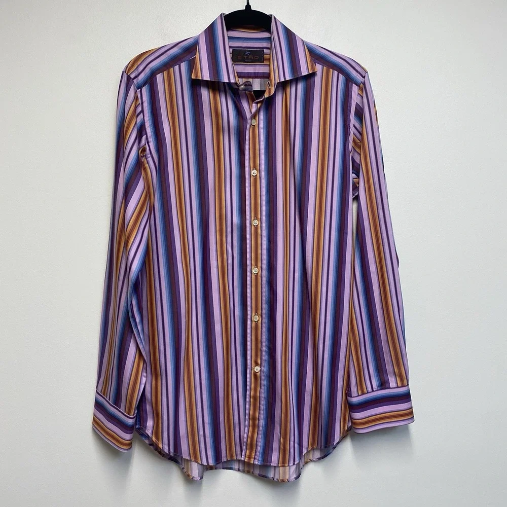 Etro Milano Purple Striped Button Down Shirt Size‎ 38 Italy Multicolor Cotton